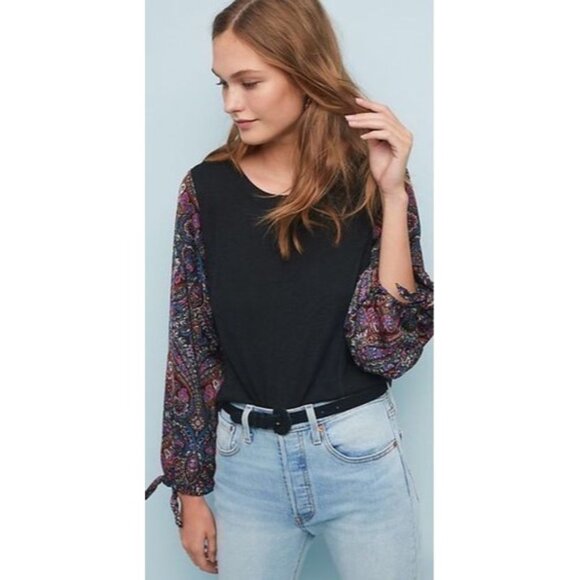 Akemi + Kin Anthropologie Tops - ANTHROPOLOGIE AKEMI + KIN MAYBELLE SILKY TIE PRINT SLEEVE TOP - XL